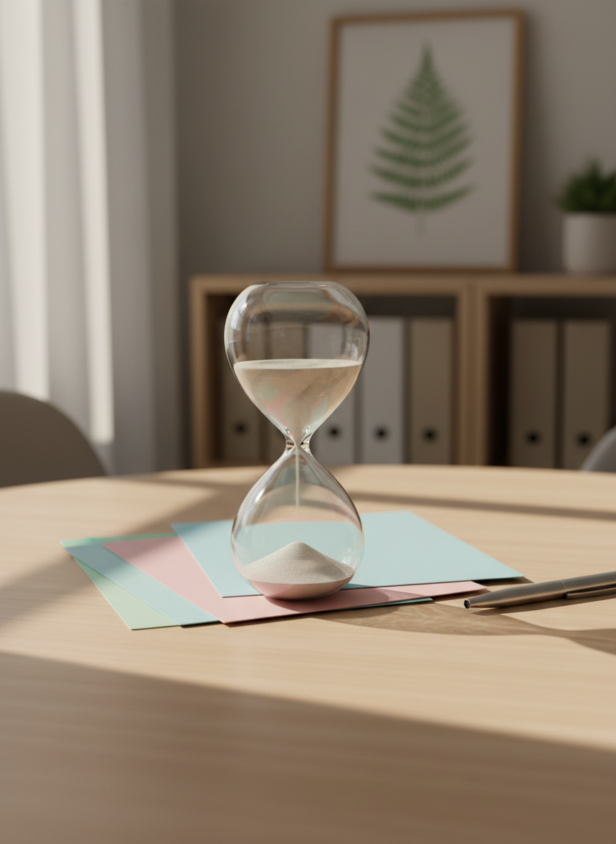 A delicate, frosted-glass hourglass filled with fine, pale sand is centered on a smooth, light-ash wooden table, symbolizing time and fertility journeys. Around it, a few neatly stacked, pastel-colored folders and a closed, silver pen are placed with intentional spacing, suggesting organized guidance. The background shows a softly blurred bookshelf with neutral binders and a single framed botanical print. Natural afternoon light streams in from the left, creating gentle highlights on the glass curves and a soft shadow stretching across the tabletop. Shot with a shallow depth of field and balanced composition, the photographic image feels serene, reflective, and reassuring, representing thoughtful, professional fertility consulting.
